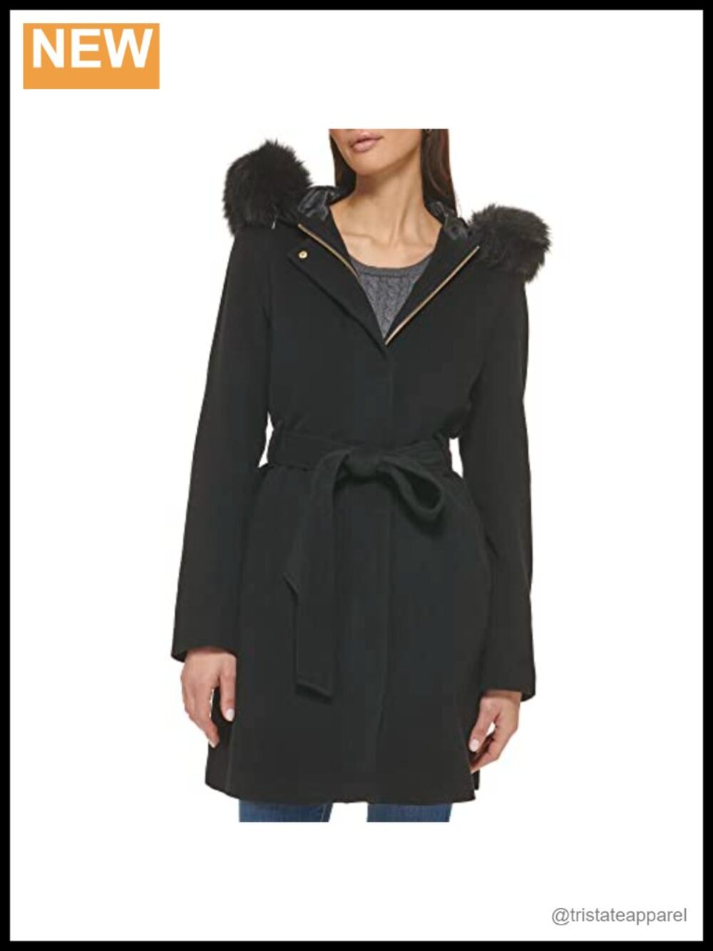 Hooded Wool Coat with Detachable Faux Fur Trim Quilted Tailored Fit